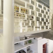 Although most of the interior in this office-apartment architecture, ceiling, floor, flooring, interior design, loft, product design, shelf, shelving, wall, gray