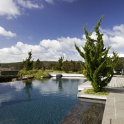 Copper-coloured Italian porcelain tiles around this pool border arecales, cloud, estate, palm tree, property, real estate, reflection, resort, sky, swimming pool, tree, villa, water, gray, blue