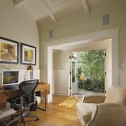 The office in this remodeled beachside house opens ceiling, estate, home, house, interior design, living room, property, real estate, room, window, brown, gray