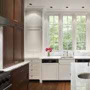 At the rear, the new basement terrace level cabinetry, countertop, cuisine classique, home, interior design, kitchen, room, window, gray