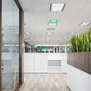 With its glossy white finishes and bold colour architecture, ceiling, daylighting, floor, interior design, office, wall, gray