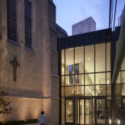 Two glazed entries  one at either end architecture, building, city, daytime, evening, facade, landmark, reflection, sky, tourist attraction, window