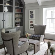 Sitting area in modern urban interior - Sitting chair, furniture, home, interior design, living room, room, shelf, shelving, table, window, gray