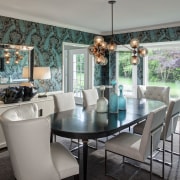 Dining room in modern urban interior - Dining dining room, home, interior design, living room, room, table, wall, window, gray