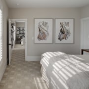 White, wooden shutters filter light into this traditional bedroom, ceiling, floor, flooring, home, interior design, real estate, room, wall, window, gray