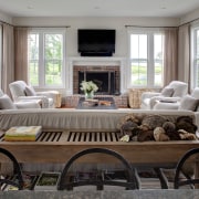 Hickory floorboards, a brick fire surround, metal bar furniture, home, interior design, living room, room, table, window, gray