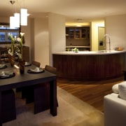 His and hers sensibilities dovetail in this contemporary interior design, living room, lobby, room, brown