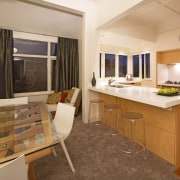 Toni Roberts kitchen with Fisher &amp; Paykel appliances. countertop, floor, flooring, interior design, kitchen, real estate, room, suite, orange, brown