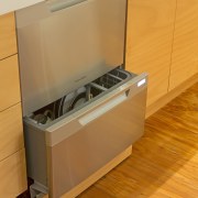 Toni Roberts kitchen with Fisher &amp; Paykel appliances. cabinetry, chest of drawers, countertop, drawer, floor, flooring, furniture, hardwood, kitchen, plywood, product, product design, room, sideboard, wood, wood stain, orange, brown