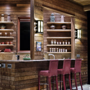 The kitchen in this pool pavillion by architect cabinetry, furniture, hardwood, interior design, kitchen, table, wood, brown