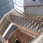 Bar restoration with Caroma and Fowler fittings - baluster, daylighting, floor, handrail, roof, stairs, wood, gray