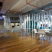 Floorboards in the café on Level 3 of ceiling, floor, flooring, furniture, hardwood, interior design, leisure centre, sport venue, structure, table, wood, wood flooring, brown, gray