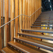 Pre-finished spotted gum floor by Hardwood Technology architecture, floor, flooring, handrail, hardwood, line, stairs, wood, wood stain, brown, orange