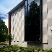 The new 1500-seat auditorium can accommodate all puplis architecture, building, condominium, corporate headquarters, facade, home, house, real estate, residential area, sky, window, black, gray