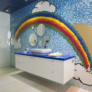 This cantilevered vanity has a Mountain Bluebird Staron blue, ceiling, interior design, wall, gray