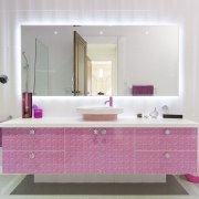 Girl's pink bathroom - Girl&apos;s pink bathroom - bathroom, bathroom accessory, bathroom cabinet, floor, flooring, interior design, pink, plumbing fixture, purple, room, sink, tile, white