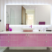 Girl's pink bathroom - Girl&apos;s pink bathroom - bathroom, bathroom accessory, bathroom cabinet, cabinetry, countertop, floor, flooring, interior design, pink, purple, room, sink, tile, white
