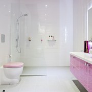 Girl's pink bathroom - Girl&apos;s pink bathroom - bathroom, floor, interior design, plumbing fixture, product design, property, purple, room, tile, white, gray