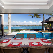 These landscape and outdoor entertaining areas were positioned estate, leisure, property, real estate, resort, swimming pool, table, villa, gray