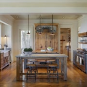 Traditional character defines this kitchen in a new cabinetry, ceiling, countertop, cuisine classique, dining room, floor, flooring, hardwood, home, interior design, kitchen, laminate flooring, living room, real estate, room, table, wood, wood flooring, wood stain, gray, brown