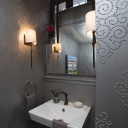 The clean lines of a pedestal sink and bathroom, ceiling, interior design, plumbing fixture, public toilet, room, sink, black, gray