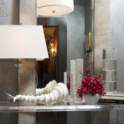 A circular table lamp and white spine sculpture furniture, interior design, lamp, lampshade, light fixture, lighting, lighting accessory, product design, room, table, gray, black