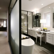 This remodeled master bathroom features sandblasted glass walls architecture, bathroom, interior design, product design, sink, gray, black