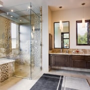 Decorative tiling creates the wow factor in the bathroom, estate, home, interior design, real estate, room, window, gray