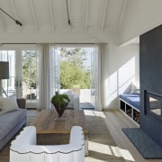 Built-in window seats either side of the fireplace architecture, ceiling, daylighting, floor, home, house, interior design, living room, property, real estate, window, gray