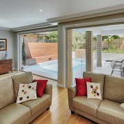 Contemporary house with flow to pool - Contemporary estate, floor, home, house, interior design, living room, property, real estate, room, window, gray, brown