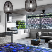 Created by designer Kim Duffin, this multi-use space architecture, blue, ceiling, home, interior design, light fixture, lighting, living room, purple, room, wall, gray