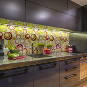 Mal Corboy kitchen with Smeg appliances.  Mal countertop, interior design, kitchen, room, under cabinet lighting, black