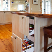 Deep drawers optimises storage space in this kitchen cabinetry, countertop, cuisine classique, drawer, floor, flooring, furniture, hardwood, interior design, kitchen, laminate flooring, room, shelf, shelving, table, wood, wood flooring, wood stain, brown