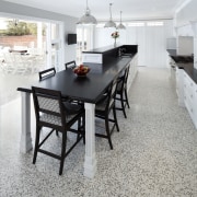 Hamptons-style transitional white kitchen - Hamptons-style transitional white dining room, floor, flooring, furniture, hardwood, interior design, kitchen, laminate flooring, room, table, tile, wood flooring, gray, white