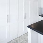 Hamptons-style transitional white kitchen - Hamptons-style transitional white floor, glass, interior design, wall, white