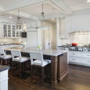 The coffered ceiling with rustic beadboard panels and cabinetry, countertop, cuisine classique, floor, flooring, interior design, kitchen, room, wood flooring, gray