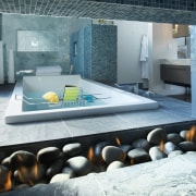 A double-sided fireplace in a stone blade wall architecture, interior design, teal, white