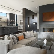 Living area with blade walls, part of highly fireplace, hearth, home, interior design, living room, real estate, room, gray, black