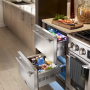 Two true refrigerator drawers create a coking prep countertop, drawer, gas stove, home appliance, kitchen, kitchen appliance, kitchen stove, major appliance, refrigerator, small appliance, gray, brown