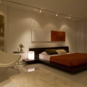 The master bedroom continues the sleek, contemporary look, architecture, bed, bedroom, ceiling, floor, furniture, home, interior design, lighting, living room, room, suite, wall, brown