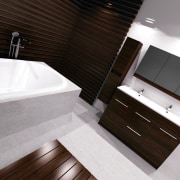 Many of the Elementi vanities feature Bestwood woodgrain. bathroom, floor, interior design, plumbing fixture, product design, property, room, sink, tile, gray