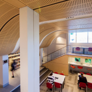 Joan Freeman Science Art and Technology Centre - architecture, ceiling, daylighting, institution, interior design, public library, gray, orange