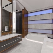 Modern master bathroom with vanity - Modern master floor, interior design, gray