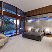 Modern master bedroom - Modern master bedroom - architecture, bedroom, ceiling, estate, house, interior design, real estate, room, window, wood, gray