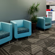 Durable, good-looking carpet tiles for commercial use.  chair, floor, flooring, furniture, hardwood, interior design, living room, product design, table, waiting room, gray, black