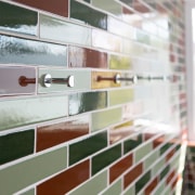 Small bathroom transformed with handmade tiles  - brick, floor, glass, material, wall, window, wood, gray, white