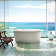 Resort-style bathing is all about the feel-good factor. bathroom, bathtub, interior design, plumbing fixture, property, sea, swimming pool, table, window, white