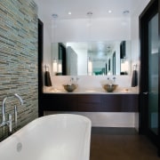 Cantilevered wenge wood cabinetry enhances the fresh, modern architecture, bathroom, floor, home, interior design, real estate, room, sink, tile, gray