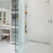 This all-white bathroom replaces a dated master bathroom angle, bathroom, floor, plumbing fixture, product design, gray