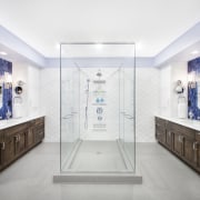 This bathroom makeover by designer Mark Lind features bathroom, ceiling, interior design, room, white